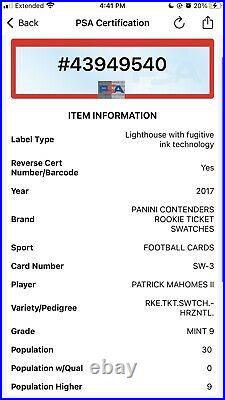 2017 Contenders Patrick Mahomes RC Rookie Ticket Swatch Jersey PSA 9 Mint POP 30