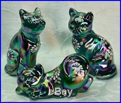 Fenton, Cats, 3 Piece set, Spruce Green Carnival, Numbered Limited Edition, Hand