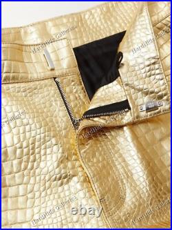 Luxury Gold Crocodile-Embossed Real Leather Pants Iconic Design limited Edition