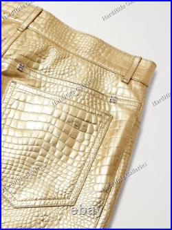 Luxury Gold Crocodile-Embossed Real Leather Pants Iconic Design limited Edition