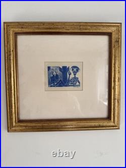 Peter Piech Signed Linocut Print Modernist Figures Blue Woodcut Framed. Art