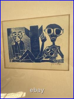 Peter Piech Signed Linocut Print Modernist Figures Blue Woodcut Framed. Art