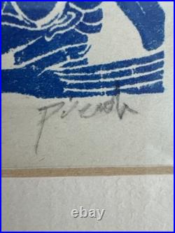 Peter Piech Signed Linocut Print Modernist Figures Blue Woodcut Framed. Art