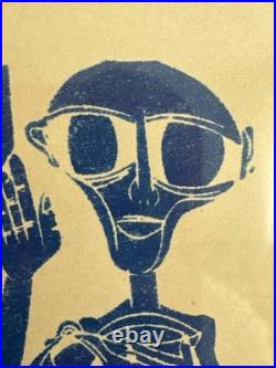 Peter Piech Signed Linocut Print Modernist Figures Blue Woodcut Framed. Art